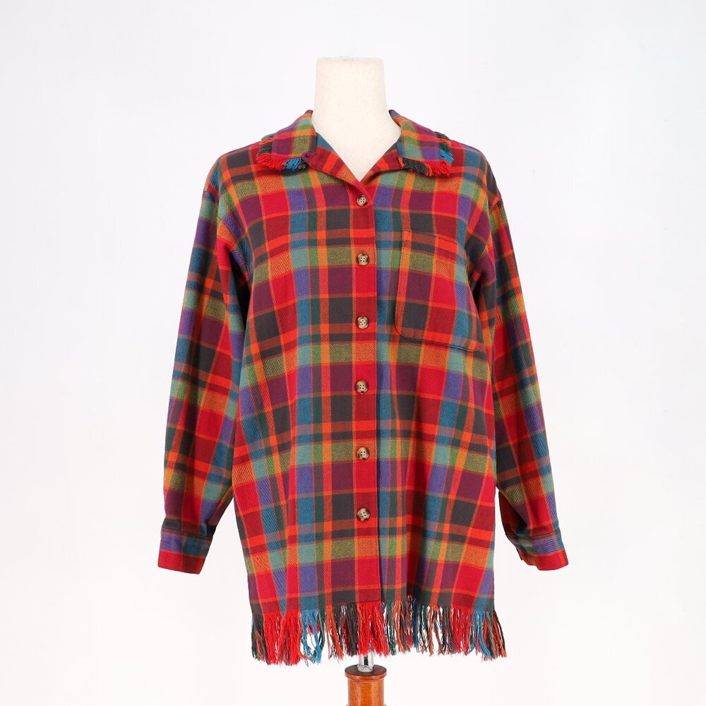 SUSAN BRISTOL VINTAGE Red Multicolor Plaid Flannel Tunic Shirt Fringe Size 8